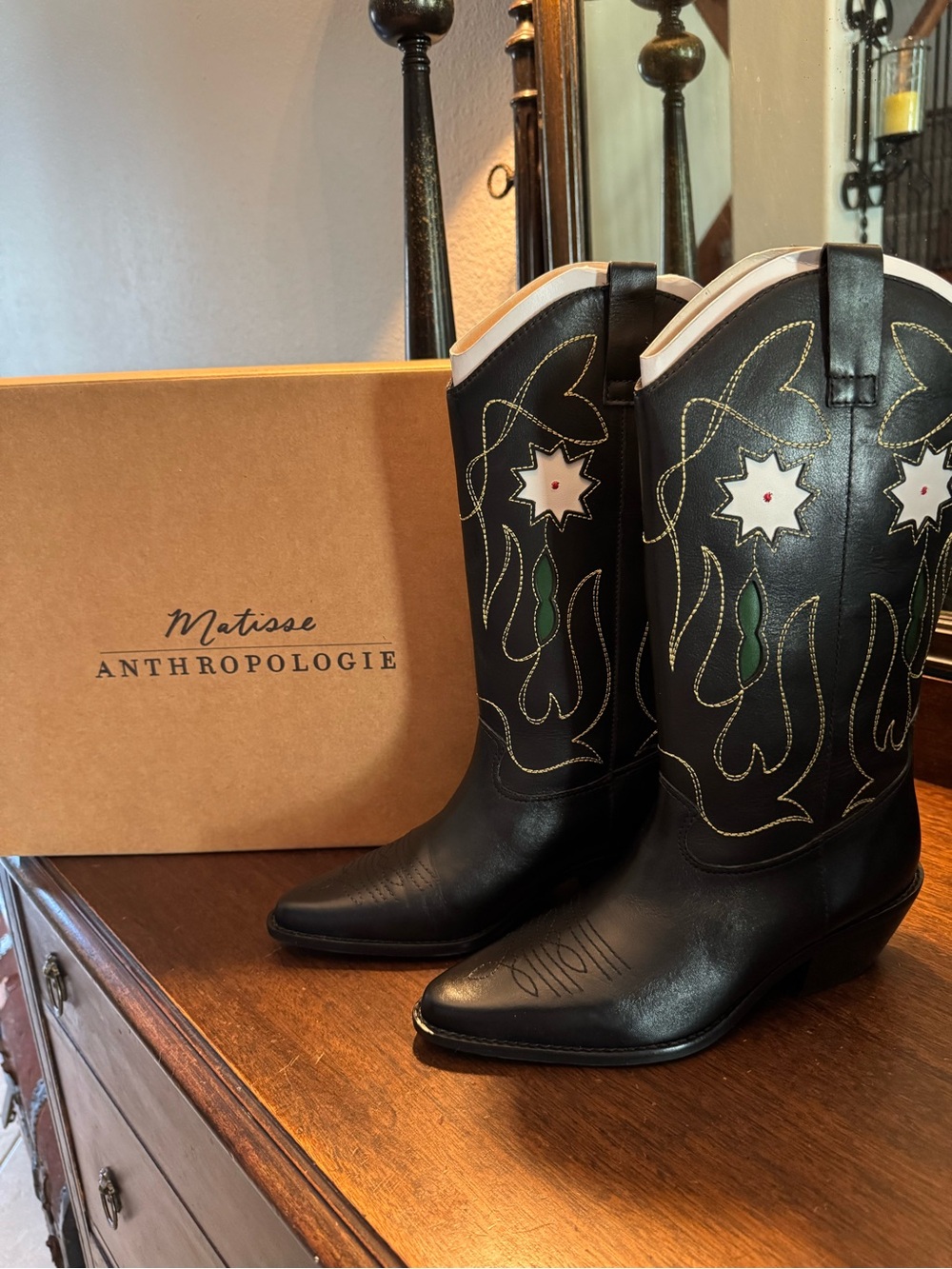 Anthropologie Black Leather Western Boots with White Star and Green Embroidery